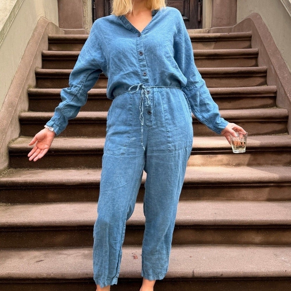Bleu De Cocagne Atelier Linen Jumpsuit Button Front Blue Medium Good